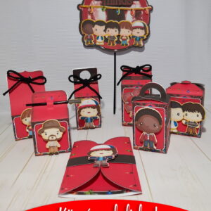 Kit de arte digital para festa com tema de série popular, incluindo personagens de desenho animado em caixas vermelhas.