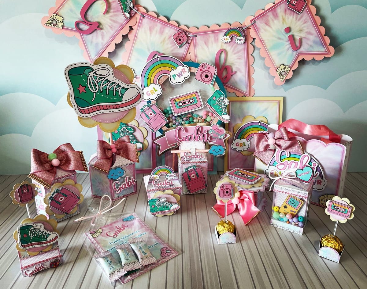 Kit Festa VSCO Girl digital pronto para imprimir e cortar 1 Kit de festa em papelaria personalizada com tema colorido e jovem.