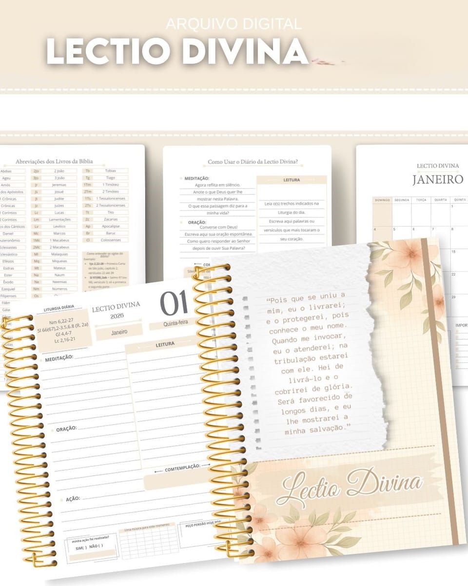 Kit Lectio Divina 2026 para Imprimir Feminino e Masculino 2 Folhas de diário religioso com espiral, campos para leitura, meditação, oração e reflexões escritas.