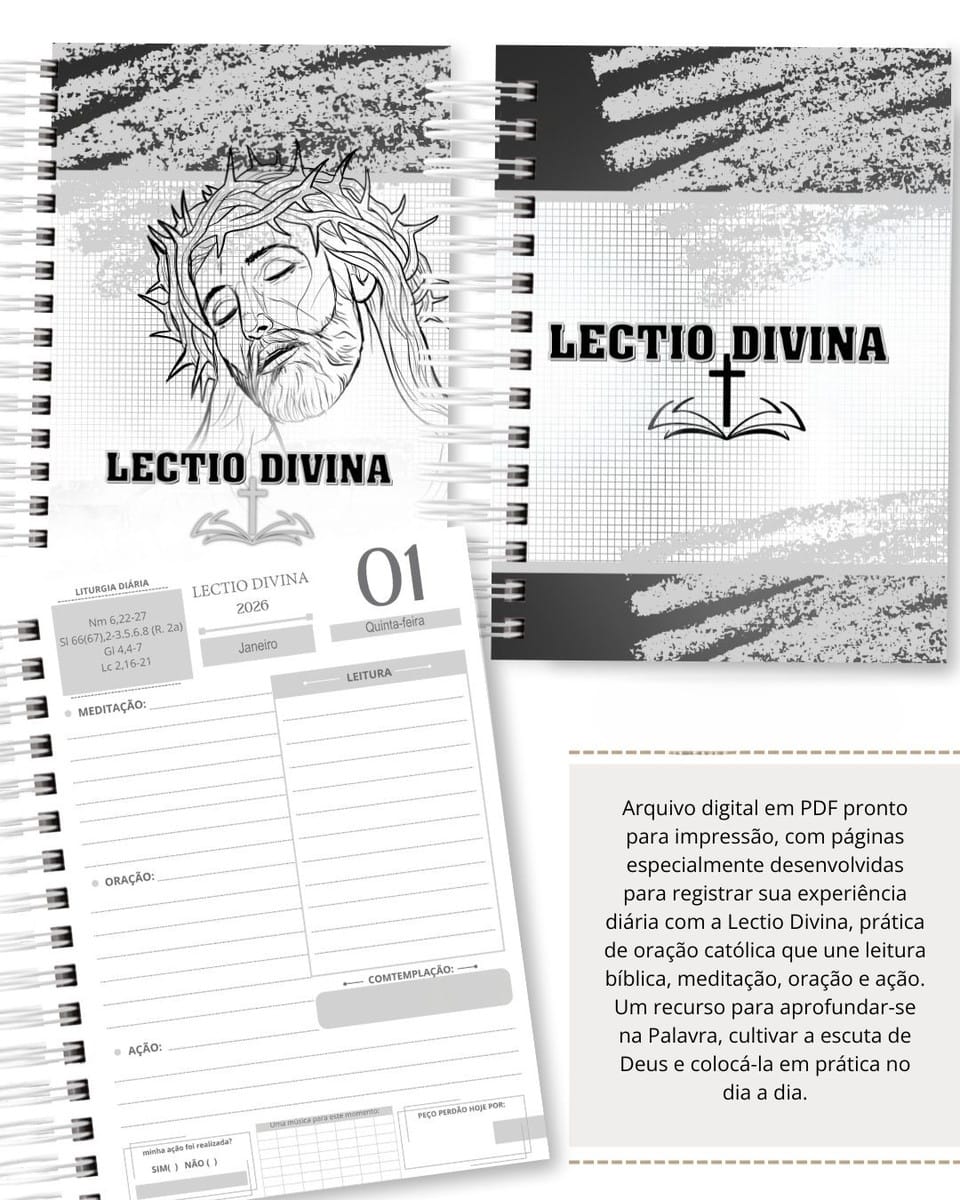 Kit Lectio Divina 2026 para Imprimir Feminino e Masculino 3 Caderno digital com ilustração de Jesus e campos para anotações de leitura bíblica diária.