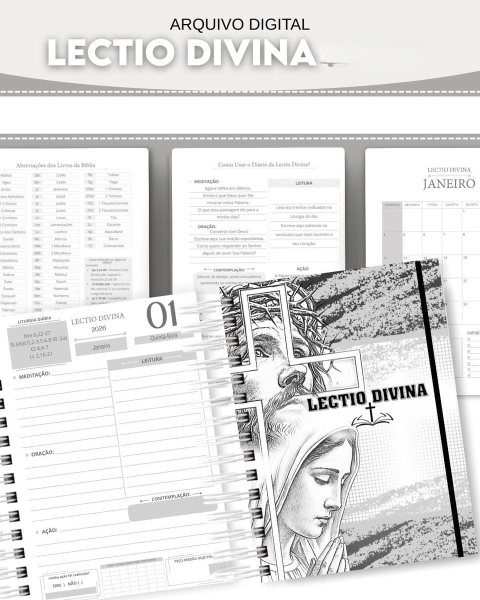 Kit Lectio Divina 2026 para Imprimir Feminino e Masculino 4 Folhas de planejamento diário para prática religiosa com ilustrações de figuras sagradas em destaque.