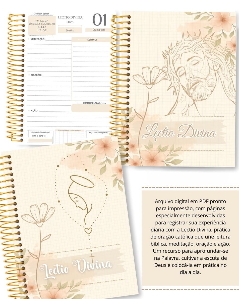Kit Lectio Divina 2026 para Imprimir Feminino e Masculino 1 Páginas digitais de agenda religiosa com ilustrações de Jesus e desenhos florais delicados.