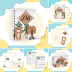 Arte digital com tema floresta e animais fofos para itens de bebê, incluindo caderneta e caneca.