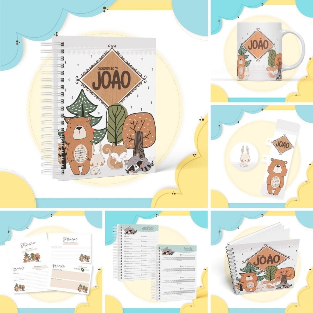 Kit Maternidade Bosque Menino com Caderneta e Álbuns em PDF 1 Arte digital com tema floresta e animais fofos para itens de bebê, incluindo caderneta e caneca.