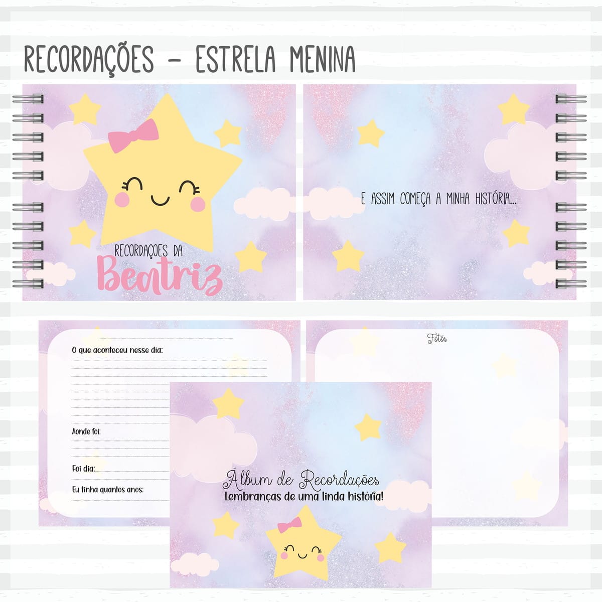 Kit Maternidade Estrela Menina para Imprimir e Montar 2 Arte digital de álbum de recordações com estrela sorridente, nuvens e estrelas em tons pastel.