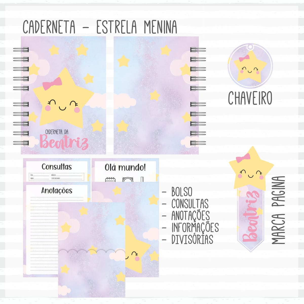 Kit Maternidade Estrela Menina para Imprimir e Montar 3 Arte digital de caderneta, chaveiro e marca-página com tema de estrela sorridente.