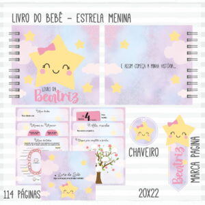 Kit Maternidade Estrela Menina para Imprimir e Montar 7 Arte digital de livro do bebê estrela menina com páginas internas e acessórios.