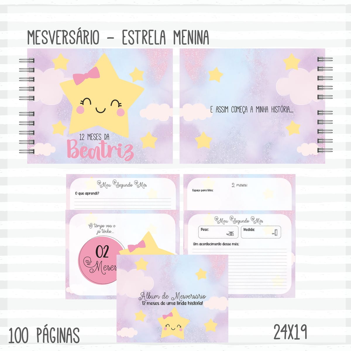 Kit Maternidade Estrela Menina para Imprimir e Montar 4 Arte digital de álbum de mesversário tema estrela menina com páginas internas.