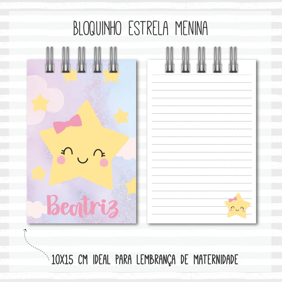 Kit Maternidade Estrela Menina para Imprimir e Montar 5 Arte digital de bloquinho com estrela fofa, fundo pastel e páginas pautadas.