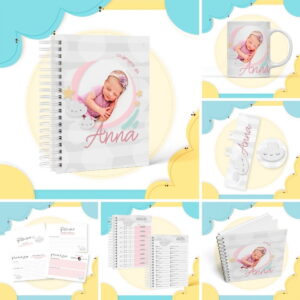 Coleção digital de caderneta de bebê e itens personalizados com imagem de recém-nascido e tema celestial.