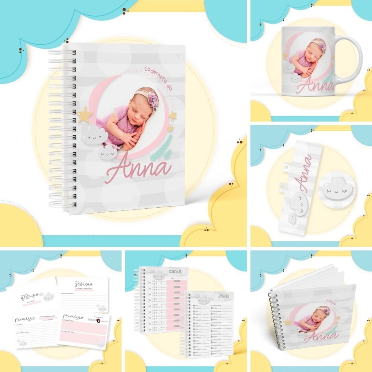 Kit maternidade menina digital com caderneta e álbuns 1 Coleção digital de caderneta de bebê e itens personalizados com imagem de recém-nascido e tema celestial.