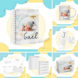 Arte digital de produtos para bebê com design de bebê dormindo e coelho.