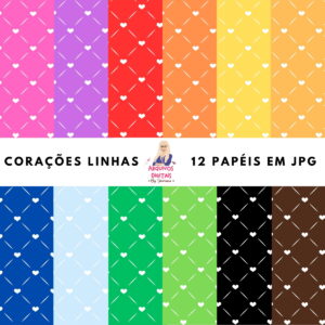 Kit Papéis Digitais Corações em JPG para Personalizados 1 Doze papéis digitais coloridos com padrão de corações brancos e linhas diagonais.