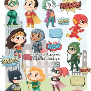 Kit para Festa Liga da Justiça Aquarela - Formato PNG
