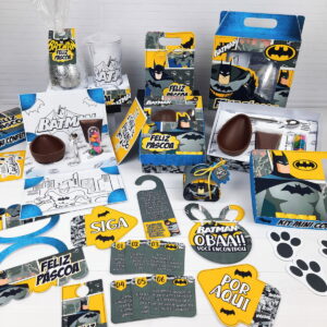 Variedade de itens de Páscoa com tema de personagem mascarado, incluindo caixas e chocolates.