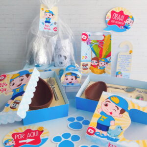 Coleção de itens temáticos de Páscoa com personagens animados infantis e ovos de chocolate.
