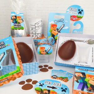 Kit de Páscoa com arte digital de personagens pixelizados, ovos de chocolate e colher.
