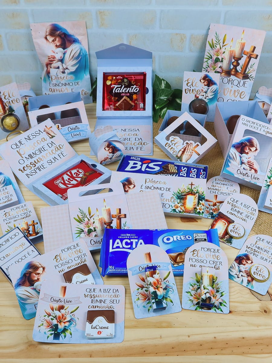 Kit Páscoa Religioso Studio para tags e lembrancinhas 1 Caixas de chocolate decoradas com temas religiosos cristãos e mensagens inspiradoras