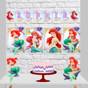 Kit Digital Festa Ariel Só um Bolinho com Corte Studio 22 Arte digital de decoração de festa com tema sereia, banner com nome e bolo.
