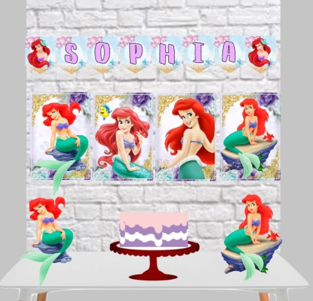 Kit Digital Festa Ariel Só um Bolinho com Corte Studio 1 Arte digital de decoração de festa com tema sereia, banner com nome e bolo.