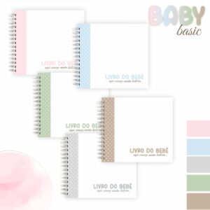 Livros digitais do bebê em várias cores pastel, com espiral e faixa de bolinhas.