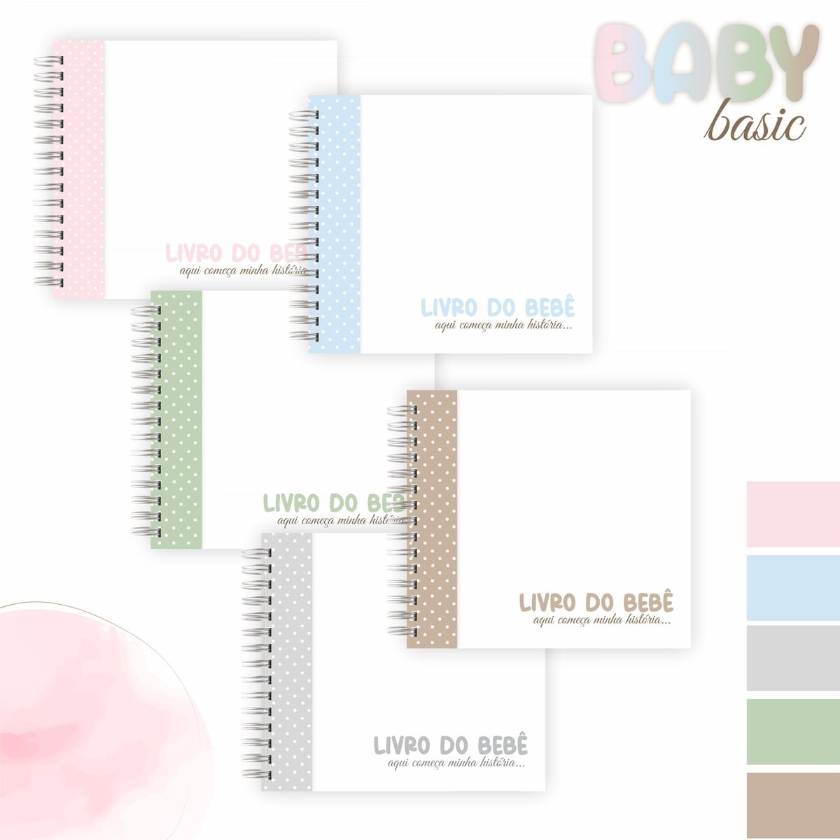 Arquivo Digital Álbum do Bebê com Caderneta de Vacinação 1 Livros digitais do bebê em várias cores pastel, com espiral e faixa de bolinhas.