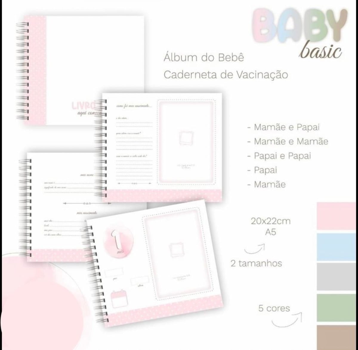 Arquivo Digital Álbum do Bebê com Caderneta de Vacinação 2 Arte digital de álbum de bebê e caderneta de vacinação com detalhes em rosa.
