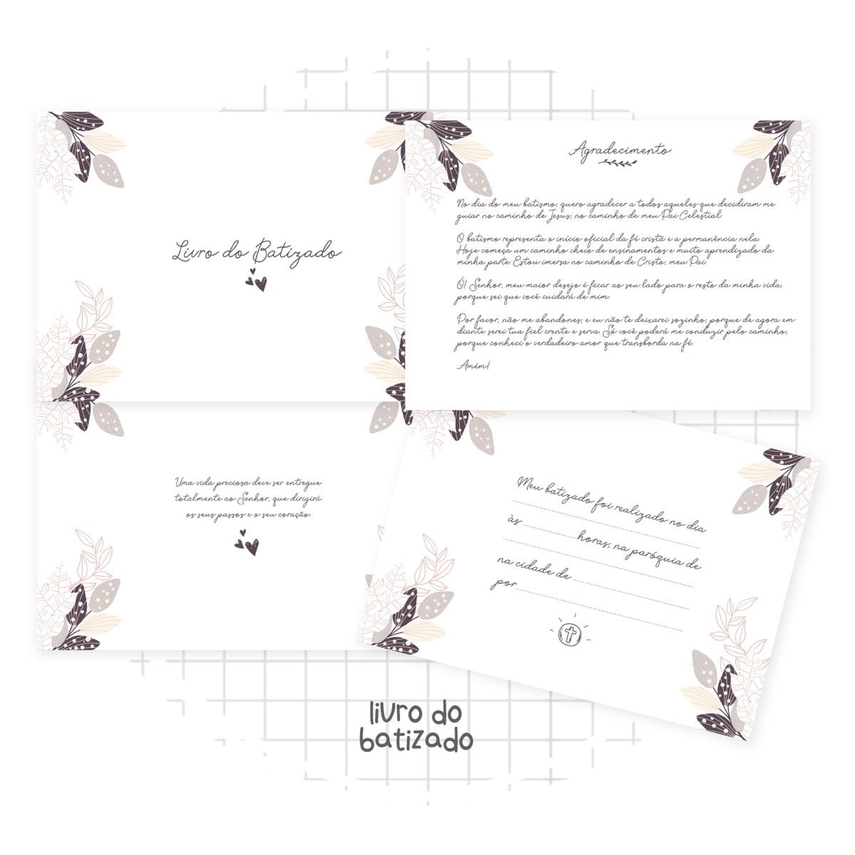 Livro de Batizado Digital Menina com Miolo de 80 Páginas 2 Arte digital de livro de batizado com design floral e texto em português.