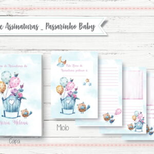 Arte digital de livro de assinaturas para bebê com tema de passarinhos e balões.