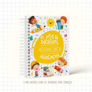 Capa de livro de atividades infantil com ilustrações coloridas de crianças e materiais escolares.