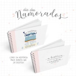 Arte digital de dois cadernos espirais abertos com texto sobre história de amor.