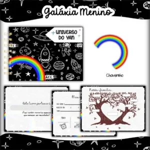 Coleção de itens personalizados com tema espacial contendo caderno, chaveiro e páginas ilustradas.