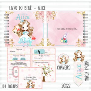 Kit Digital Livro do Bebê Alice Rosa com 114 Páginas 7 Arte digital de um kit de livro do bebê com tema Alice, incluindo capa e páginas.