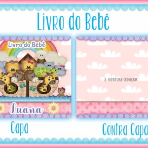 Arte digital de livro do bebê com capa da Arca de Noé e contracapa de nuvens.
