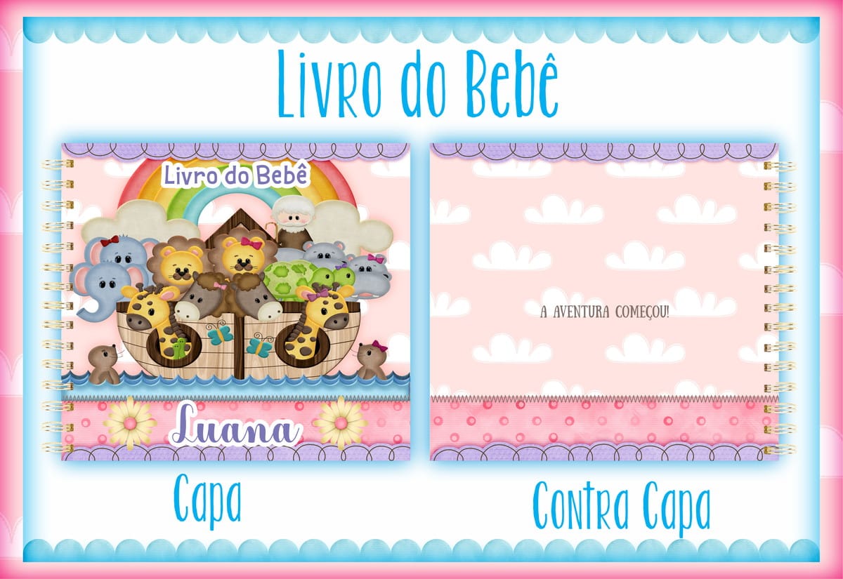 Livro do Bebê Arca de Noé Menina Kit Digital Editável 1 Arte digital de livro do bebê com capa da Arca de Noé e contracapa de nuvens.