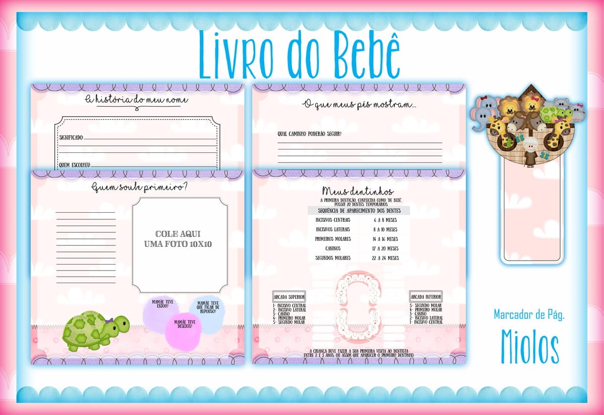 Livro do Bebê Arca de Noé Menina Kit Digital Editável 2 Arte digital de um livro do bebê e marcador de página com tema de arca.