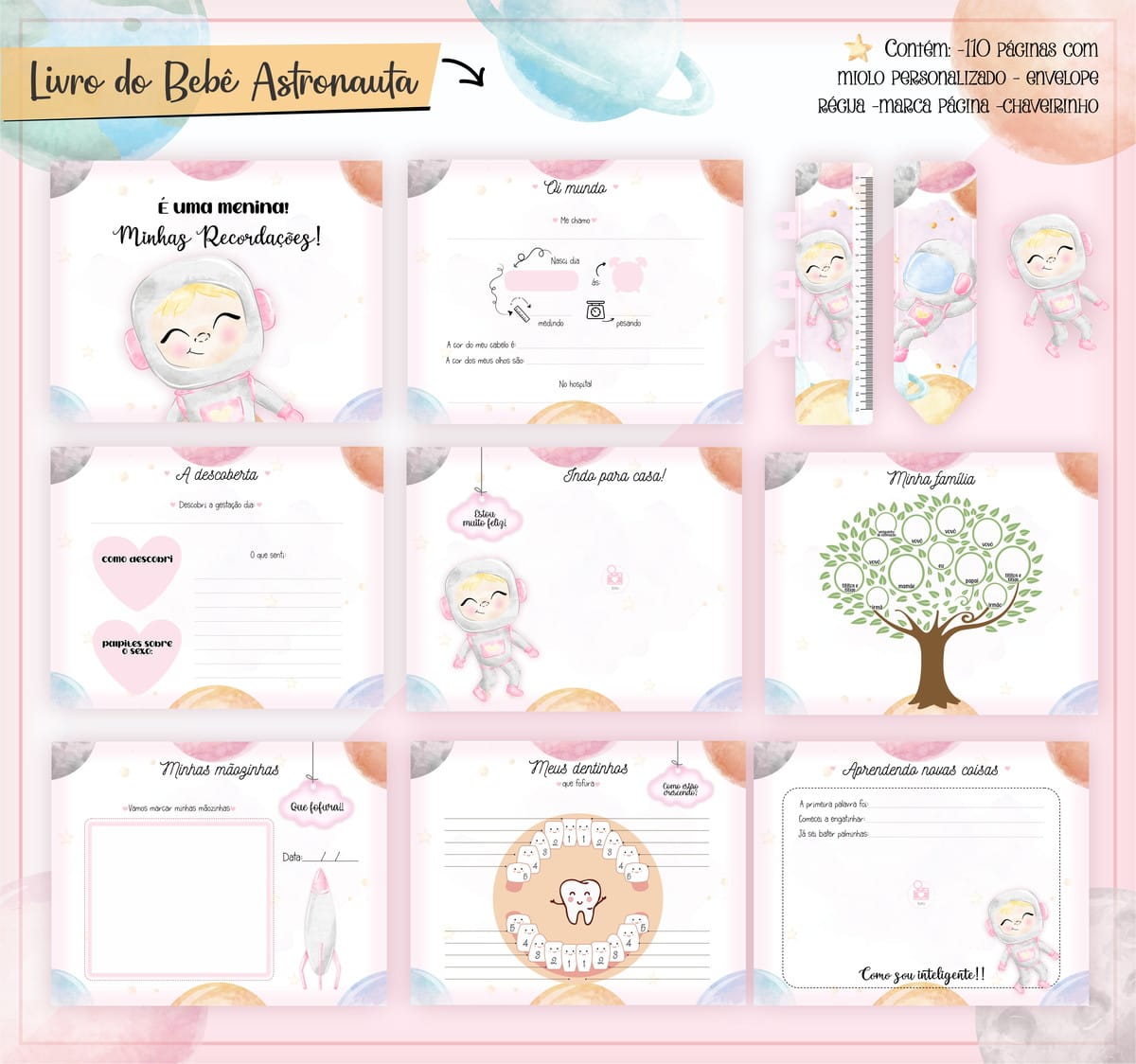 Livro do Bebê Astronauta Rosa em PDF para Personalizar 3 Arte digital de livro de bebê astronauta com páginas e acessórios temáticos.