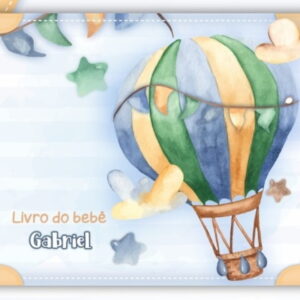 Capa de livro do bebê com ilustração de balão de ar quente e nuvens em aquarela.