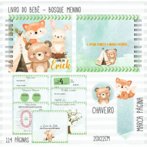Livro do bebê digital com tema bosque, animais fofos, páginas internas e acessórios.