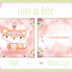 Arte digital de capa e contracapa de livro de bebê com raposa e tema boho.