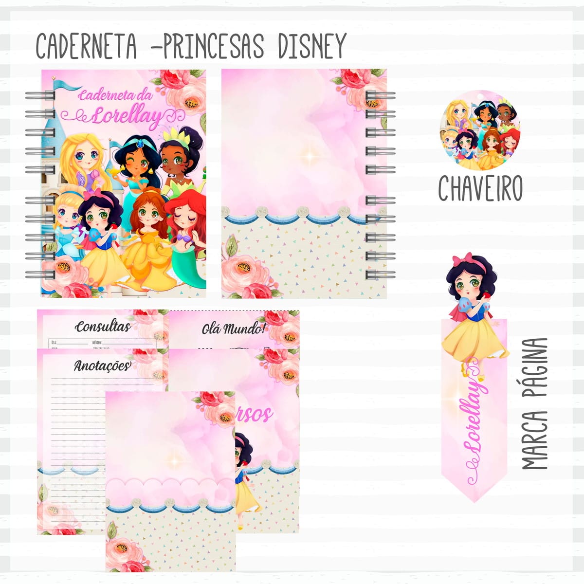 Kit Digital Livro do Bebê Princesas e Caderneta de Vacina 2 Arte digital de caderno, chaveiro e marca-páginas com tema de princesas e flores.