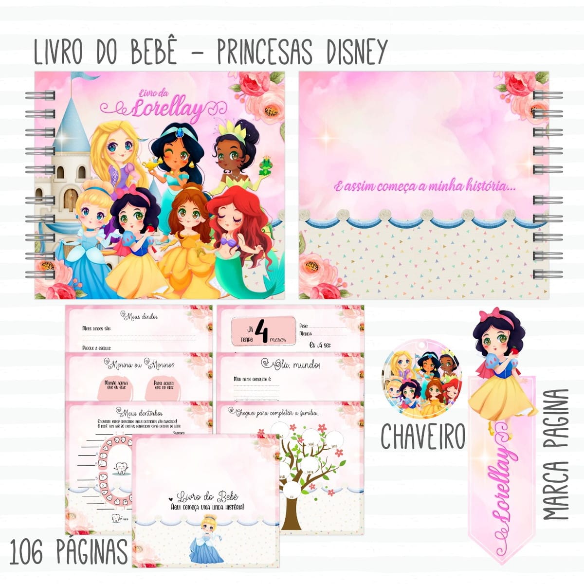 Kit Digital Livro do Bebê Princesas e Caderneta de Vacina 1 Arte digital de livro do bebê com princesas, chaveiro e marca-página. Tema infantil.