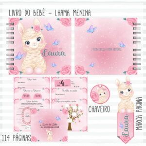 Arte digital de livro do bebê com lhama, incluindo páginas, chaveiro e marca-página.