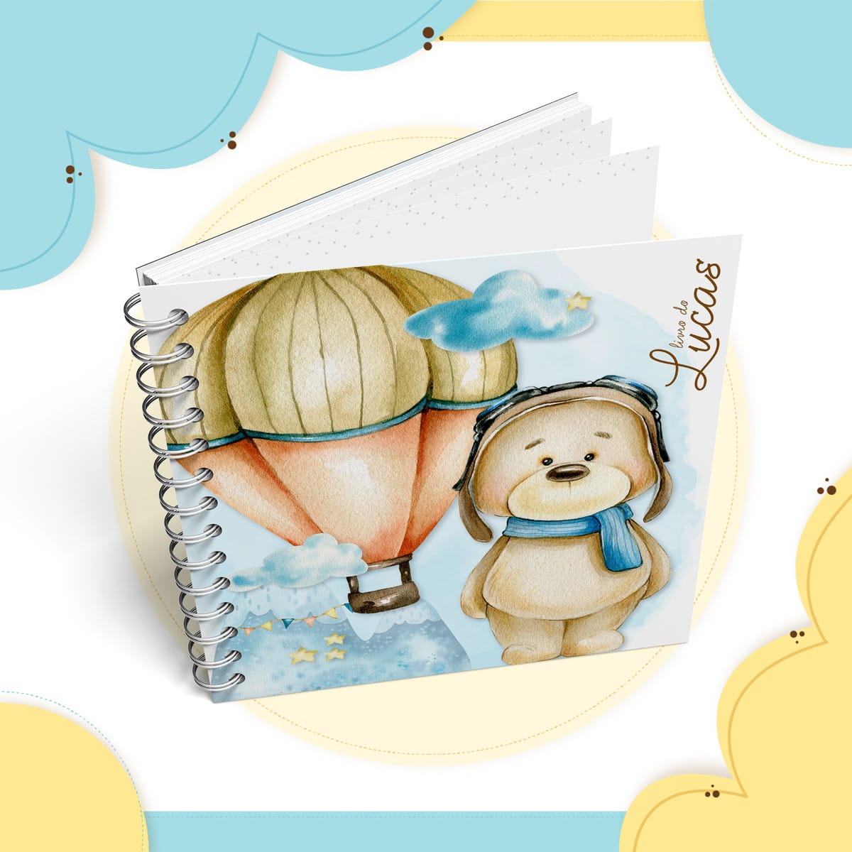 Livro do Bebê Digital Ursinho Baloeiro para Imprimir 2 Arte digital de livro infantil com cachorro aviador e balão de ar quente.
