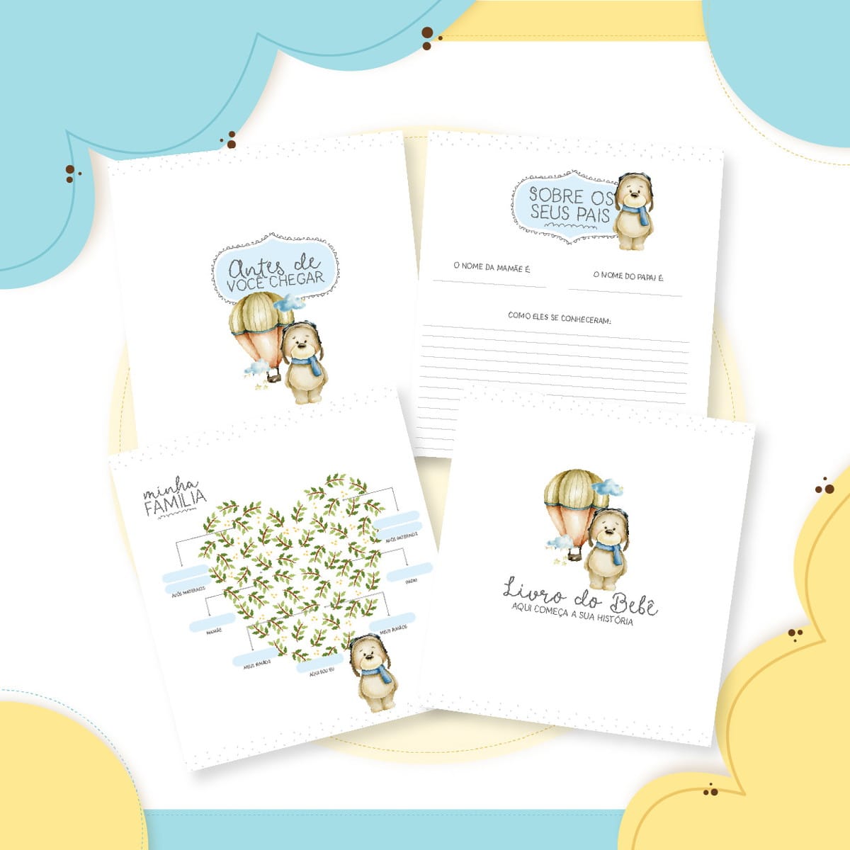 Livro do Bebê Digital Ursinho Baloeiro para Imprimir 3 Páginas de livro do bebê com ilustrações de urso aviador e balão de ar.