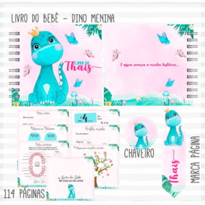 Kit Digital Livro do Bebê Dino Menina Pronto para Imprimir 24 livro do bebe dino menina arquivo digital