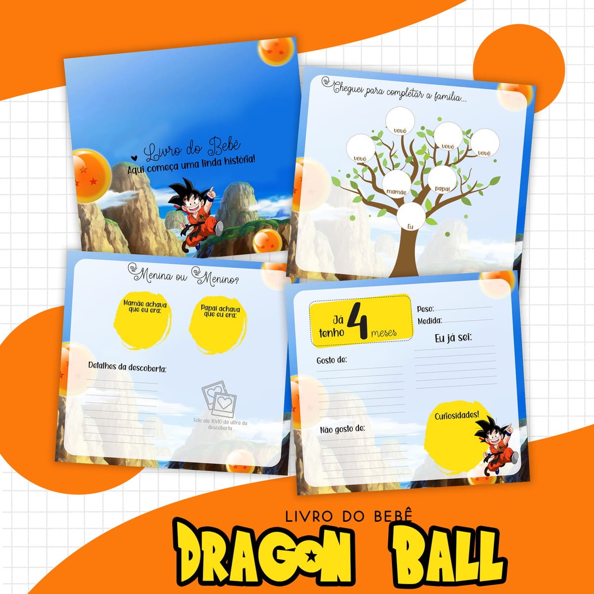 Livro do Bebê Dragon Ball Digital em PDF 2 Livro digital de bebê com páginas coloridas, apresentando personagem em cenário montanhoso e esferas.