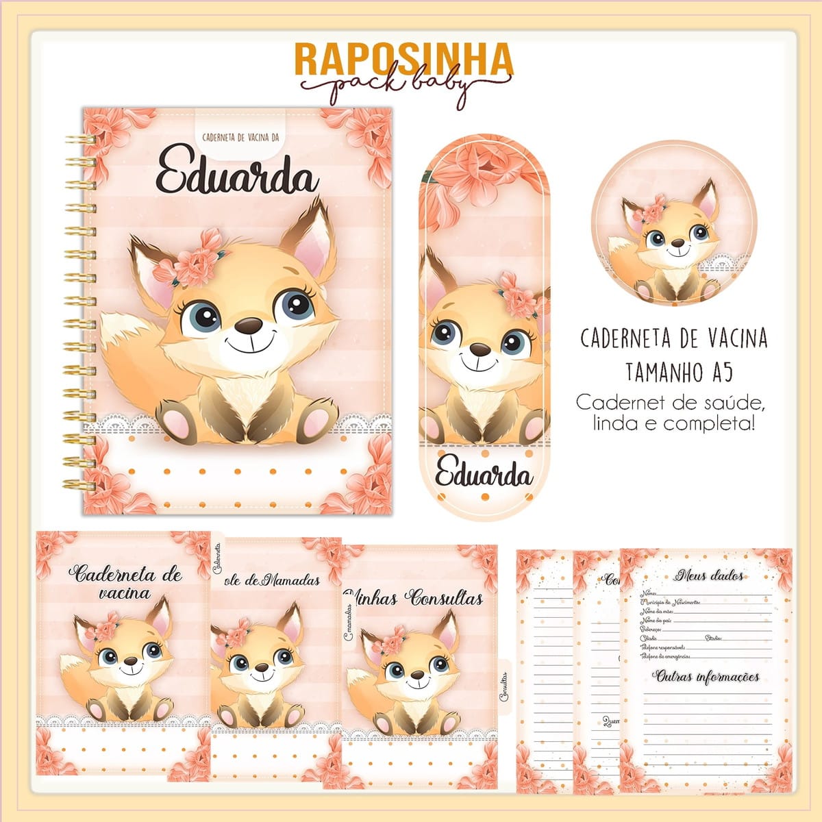 Kit Digital Livro do Bebê Raposinha Menina e Caderneta 2 Arte digital de caderneta de vacina e itens com raposinha fofa e flores.