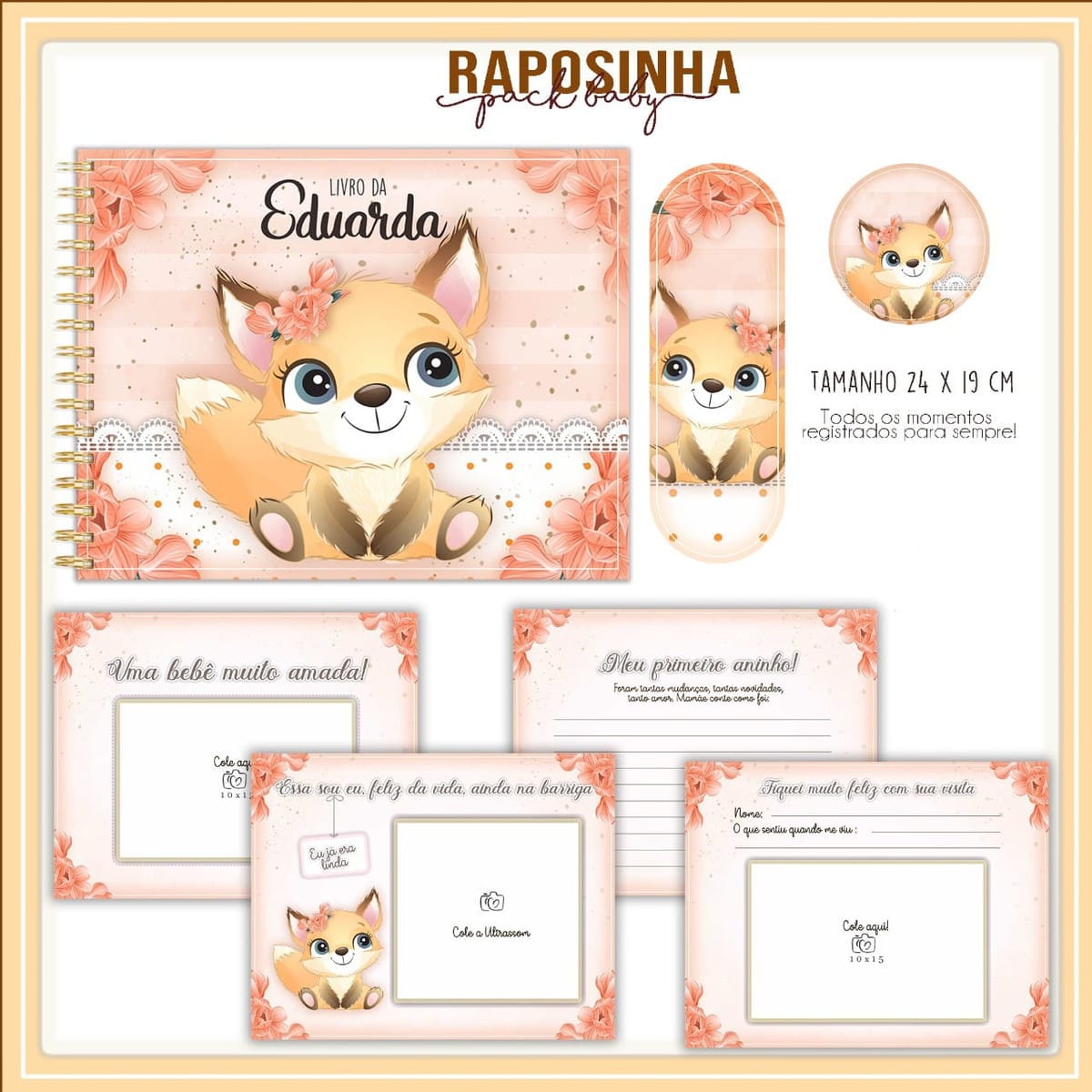 Kit Digital Livro do Bebê Raposinha Menina e Caderneta 1 Arte digital de álbum de bebê com raposinha fofa e detalhes florais.