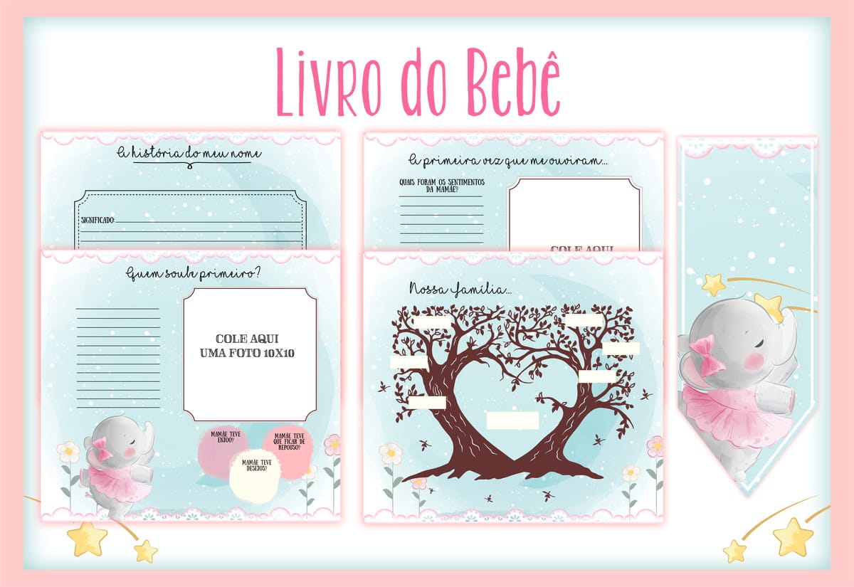 Kit Digital Livro do Bebê Elefante Baloeira para Editar 2 Arte digital de livro do bebê com páginas para registrar memórias e ilustrações fofas.